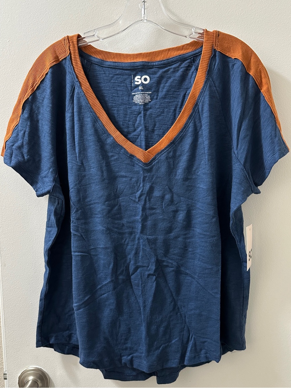 SO Navy Tee with Rust Orange Ribbed Neckline